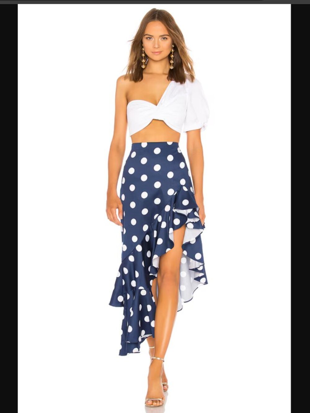 Alexis Navy and White Polka Dot High-Low Ruffle Skirt